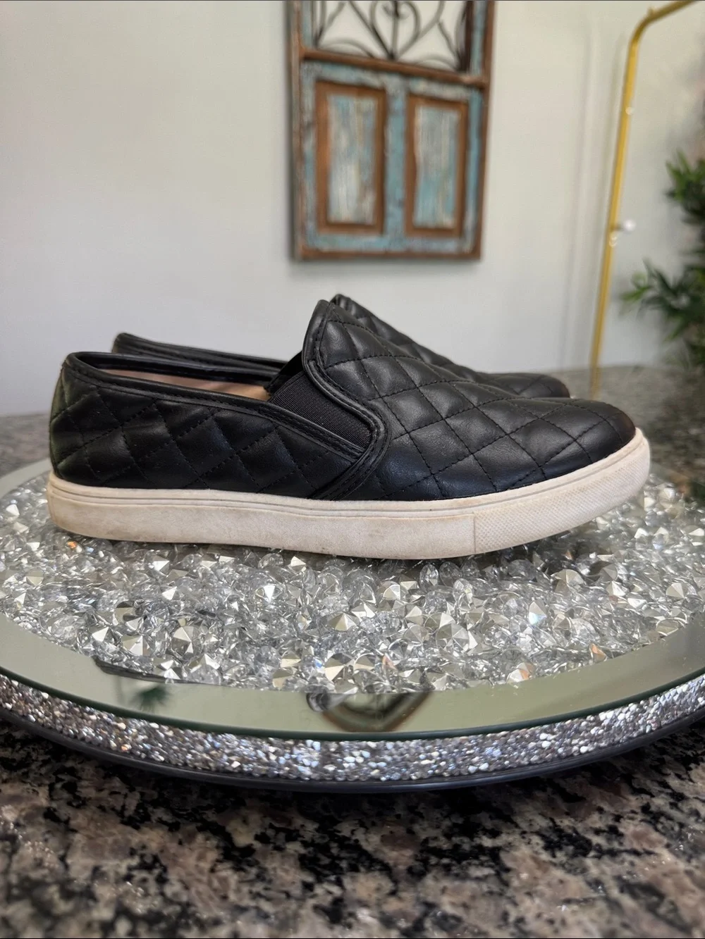 Brash Black Quilted Slip-On Sneakers with White Sole